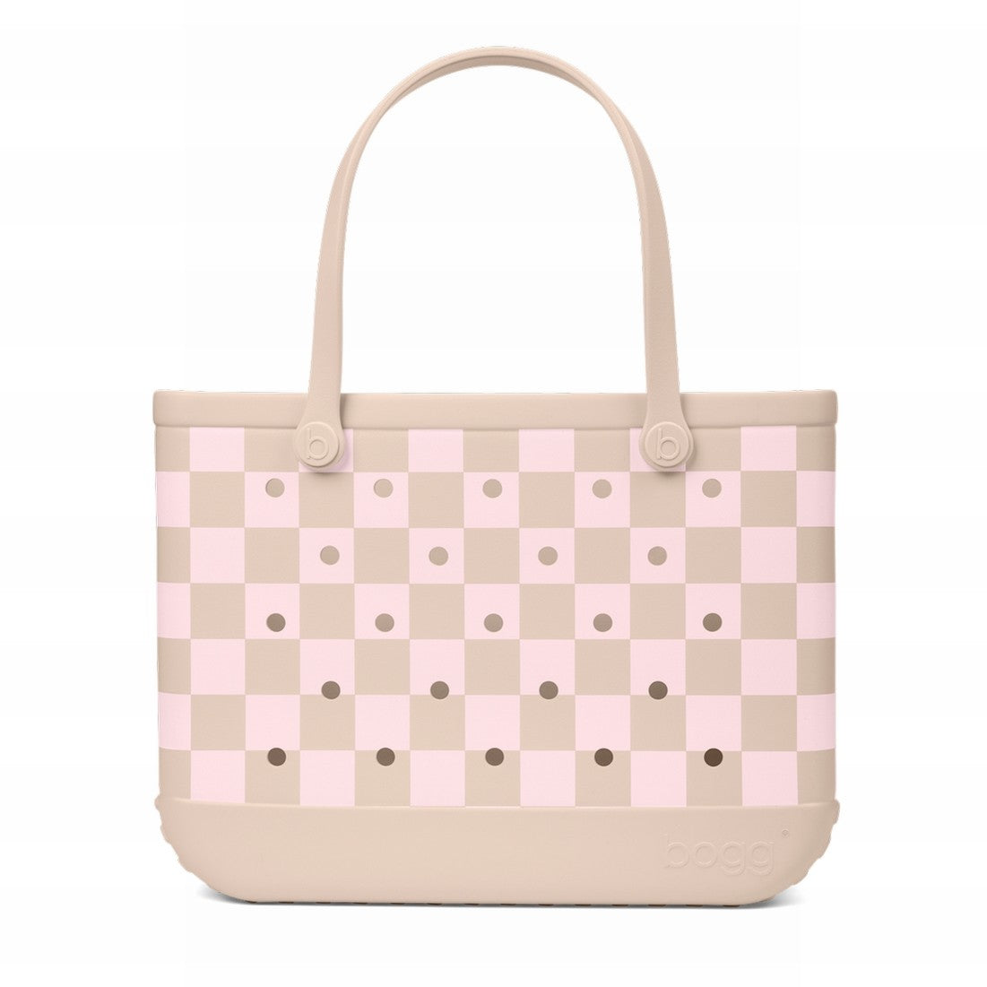 Original Bogg Bag Checkered Linen/ Pink Marshmallow Open Top Beach Organizer Waterproof Waterproof with Makeup Bag for Tropical Vacations Travel Organizer Vacation Essentials for Women